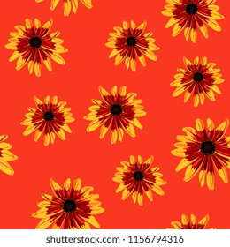 Seamless floral pattern with Black-Eyed Susan flowers. Gloriosa Daisy blossom. Dwarf Marmalade. Rudbeckia hirta. Cartoon style.