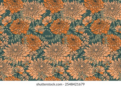 Patrón floral sin fisuras. Florece mezclado con hierbas, hojas y plantas de prado. Vector dibujado ilustración. Estampado de flores naranjas sobre fondo verde. Ornamento de la Naturaleza para los diseños, tela, textiles