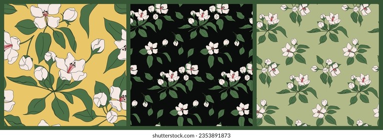 Seamless floral pattern with blooming apple tree in the collection. Botanical design, natural print with hand drawn flowers, large buds, green leaves on different backgrounds. Vector illustration.