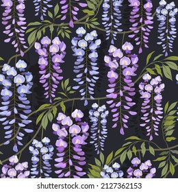 Seamless floral pattern with blooming blue-purple wisteria plant svg