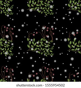 Seamless floral pattern with blooming branches of cranberry under snowflakes.