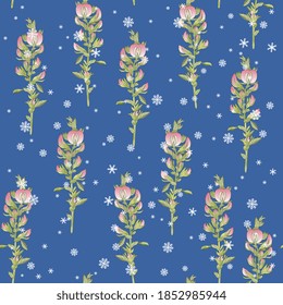 Seamless floral pattern with blooming branches of Ononis Hircina flower and snowflakes.