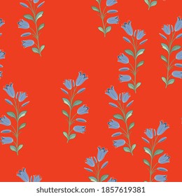 Seamless floral pattern with blooming branches of bluebell flower. Folk style.
