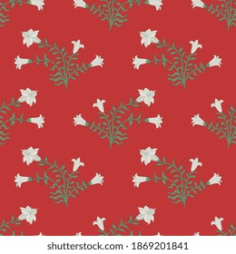 Seamless floral pattern with blooming branches of sacred datura or white lily plant.