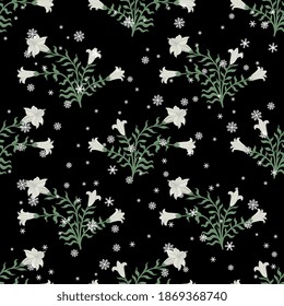 Seamless floral pattern with blooming branches of sacred datura or white lily plant and snowflakes.
