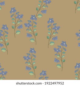 Seamless floral pattern with blooming branches of blue flowers on light background. Folk style.