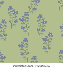 Nahtlose Blumenmuster mit blühenden Zweigen blauer Blumen auf grünem Hintergrund. Folk-Stil.