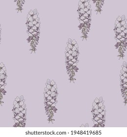 Patrón floral sin foco con ramas florecientes de flor de glicinia. La malva florece sobre fondo morado claro.