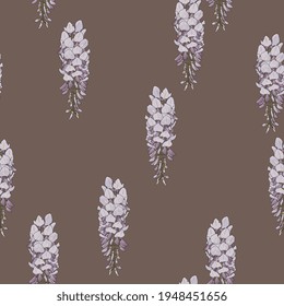 Seamless floral pattern with blooming branches of wisteria flower. Purple blossom on brown background.