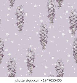Patrón floral sin foco con ramas florecientes de flor de glicinia y copos de nieve. Flor morada sobre fondo morado claro.