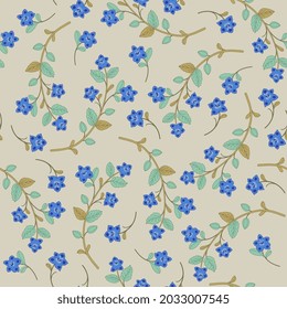 Seamless floral pattern with blooming branches. Folk style. Blue flower and green leaves on light background. 