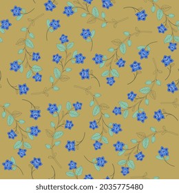 Patrón floral sin foco con ramas florecientes. Estilo popular. Flor azul y hojas verdes sobre fondo dorado. 