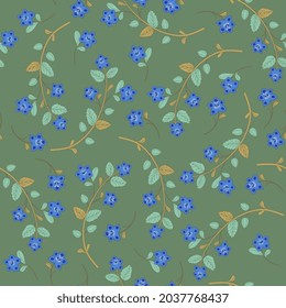 Seamless floral pattern with blooming branches. Folk style. Blue flowers and green leaves on green background. 