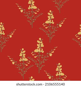 Seamless floral pattern with blooming branches of Scotch Broom plant. Common broom. Cytisus scoparius. Sarothamnus scoparius. Green leaves and yellow flowers on red background.