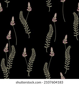 Seamless floral pattern with blooming branches of Sainfoin plant with leaves and flower. Onobrychis viciifolia. On black background.