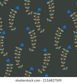 Seamless floral pattern with blooming branches of blue flowers. On gray background. Vintage style.
