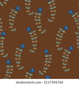 Seamless floral pattern with blooming branches of blue flowers. On brown background. Vintage style.