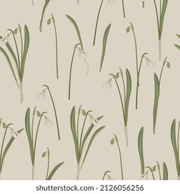 Patrón floral sin foco con ramas florecientes de flores nevadas. Galanthus woronowii. Diseño de primavera estacional. Sobre fondo blanco.