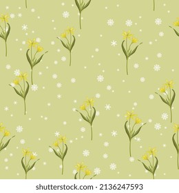 Seamless floral pattern with blooming branches of star of Bethlehem flower and snowflakes. Gagea lutea. Seasonal motif with yellow wildflowers. 