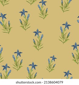 Seamless floral pattern with blooming branches of Gentiana ciliata. Fringed gentian. Gentianopsis crinita. Greater fringed gentian. Blue gentian. On yellow background.