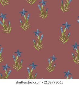 Seamless floral pattern with blooming branches of Gentiana ciliata. Fringed gentian. Gentianopsis crinita. Greater fringed gentian. Blue gentian. On mauve background.