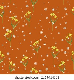 Seamless floral pattern with blooming branches of star of Bethlehem flower and snowflakes. Gagea lutea. Seasonal motif with yellow wildflowers. On orange background.