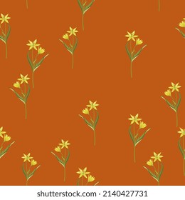 Seamless floral pattern with blooming branches of star of Bethlehem flower. Gagea lutea. Seasonal spring motif. Yellow spring wildflowers and green leaves on orange background.