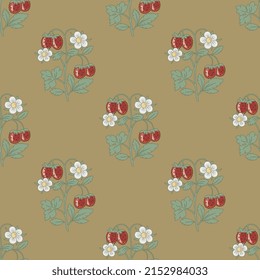 Nahtlose Blumenmuster mit blühenden Zweigen der Erdbeerpflanze. Grüne Blätter, weiße Blumen und reife rote Beeren auf gelbem goldenem Hintergrund.