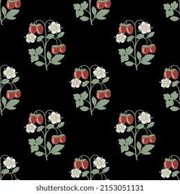 Seamless floral pattern with blooming branches of strawberry plant. Green leaves, white flowers and ripe red berries on black background.