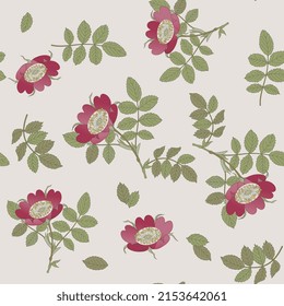 Seamless floral pattern with blooming branches of wild briar rose. Green leaves and red pink blossom on white background.