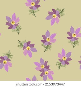 Nahtlose Blumenmuster mit blühenden Ästen der östlichen Pasqueflower. Pulsatilla vulgaris. violette Blumen auf gelbem Hintergrund.
