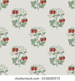 
Seamless floral pattern with blooming branches of strawberry plant. On white background.