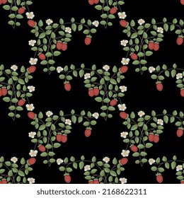 Seamless floral pattern with blooming branches of strawberry plant. On black background.