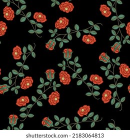 Seamless floral pattern with blooming branches of red roses. On black background.