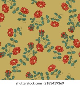 Seamless floral pattern with blooming branches of red roses. On yellow gold background.