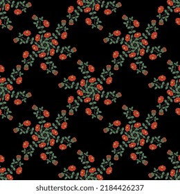 Seamless floral pattern with blooming branches of red roses. On black background.