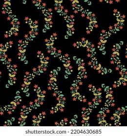 Seamless floral pattern with blooming branches. Medieval folk style. Green and gold leaves and red flowers on black background.