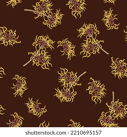 Seamless floral pattern with blooming branches of Witch Hazel plant. Yellow flowers of Hamamelis on dark burgundy background.