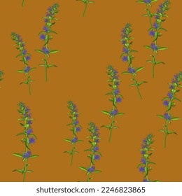 Seamless floral pattern with blooming branches of hyssop flower. Hyssópus officinális. On orange background.