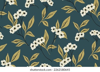 Patrón floral sin foco con ramas florecientes de estilo vintage. Hermosa huella floral, diseño botánico con plantas dibujadas a mano: flores pequeñas, hojas grandes, ramas sobre un fondo oscuro. Vector.