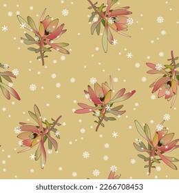 Seamless floral pattern with blooming branches of Leucadendron or Conebush plant and snowflakes. Botanical seasonal winter design. On yellow background.