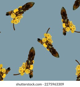 Seamless floral pattern with blooming branches of Senna Alata candle flower. Cluster of Cassia bloom. Exotic yellow blossom. On blue background.