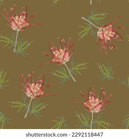 Seamless floral pattern with blooming branches of Grevillea flower. Grevillea banksii. Exotic red blossom. On gold background.