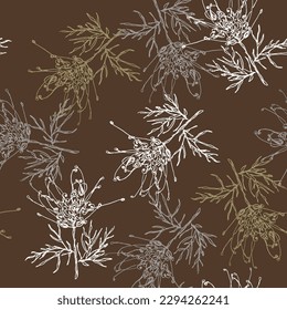 Seamless floral pattern with blooming branches of Grevillea flower. Grevillea banksii. Exotic blossom. Hand drawn sketches. Monochrome silhouettes on brown background.