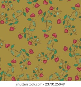 Seamless floral pattern with blooming branches. Folk style. On yellow gold background.