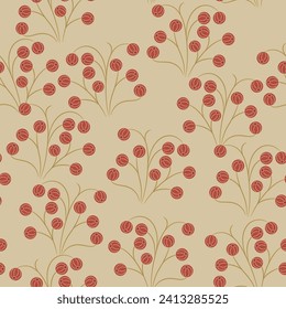 Patrón floral sin foco con ramas florecientes. Estilo popular. Plantas fantásticas con frutos rojos o bayas en el fondo beige.