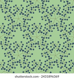 Seamless floral pattern with blooming branches or vines with fruits or berries. Folk style. On green background.