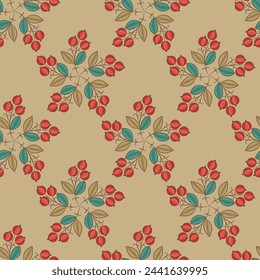 Seamless floral pattern with blooming branches. Round bouquets with ripe fruits or berries. Folk style. On beige background.
