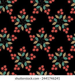 Seamless floral pattern with blooming branches. Round bouquets with ripe fruits or berries. Folk style. On black background.