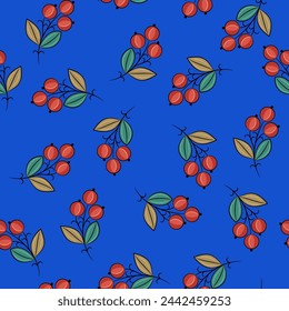 Seamless floral pattern with blooming branches. Red ripe fruits or berries on blue background. Folk style.